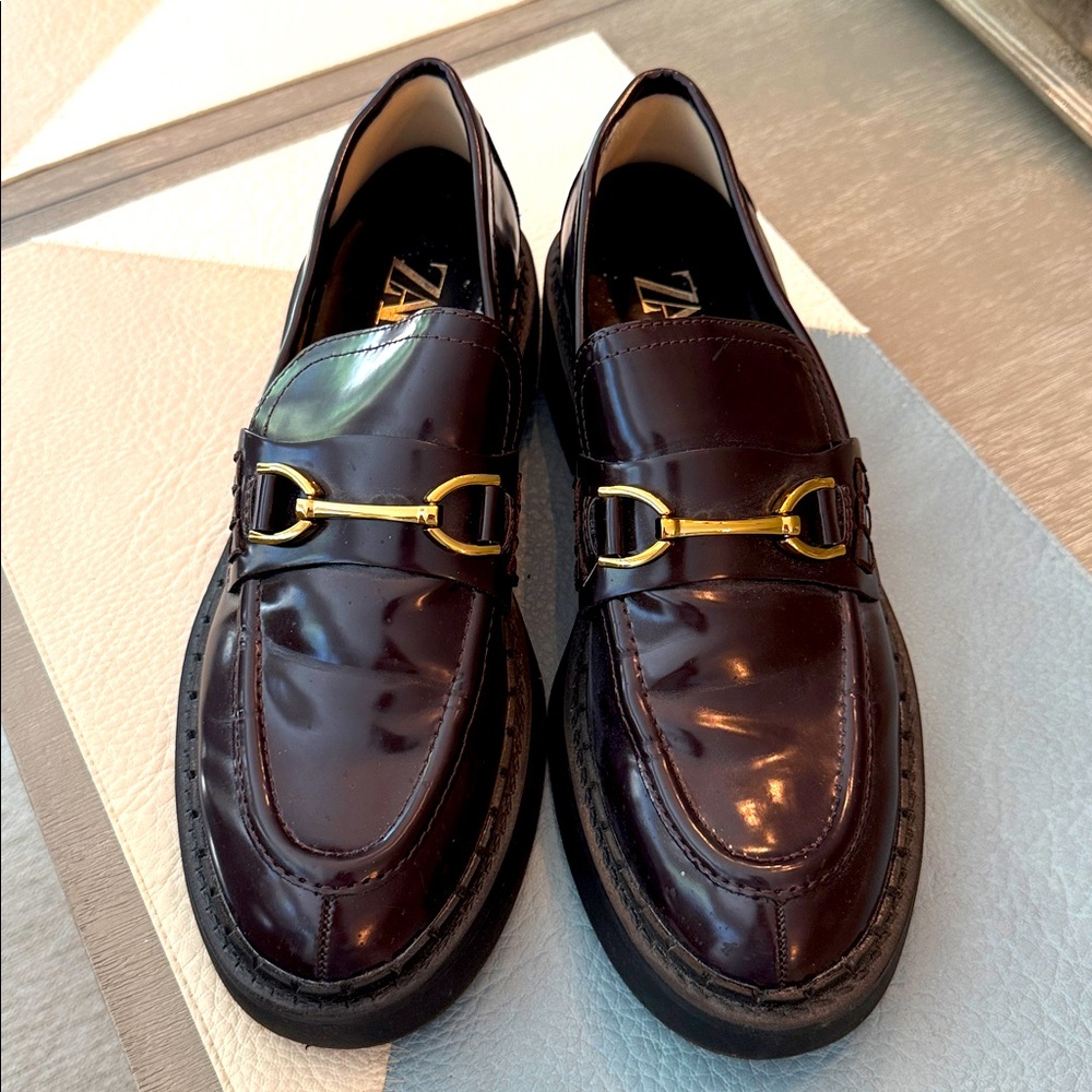 Zara Dark Brown Loafers with Gold Accents
